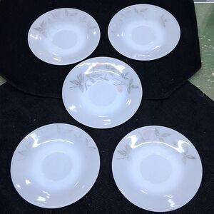 Vintage Federal milk glass set of saucers "clover blossoms" silver details-5 pc.